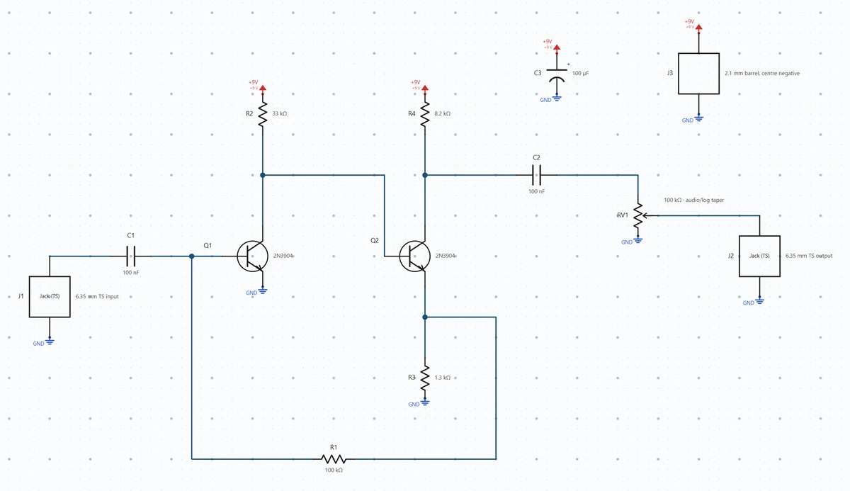 Signal path, branch junctions and downward ground connections in the complete circuit.