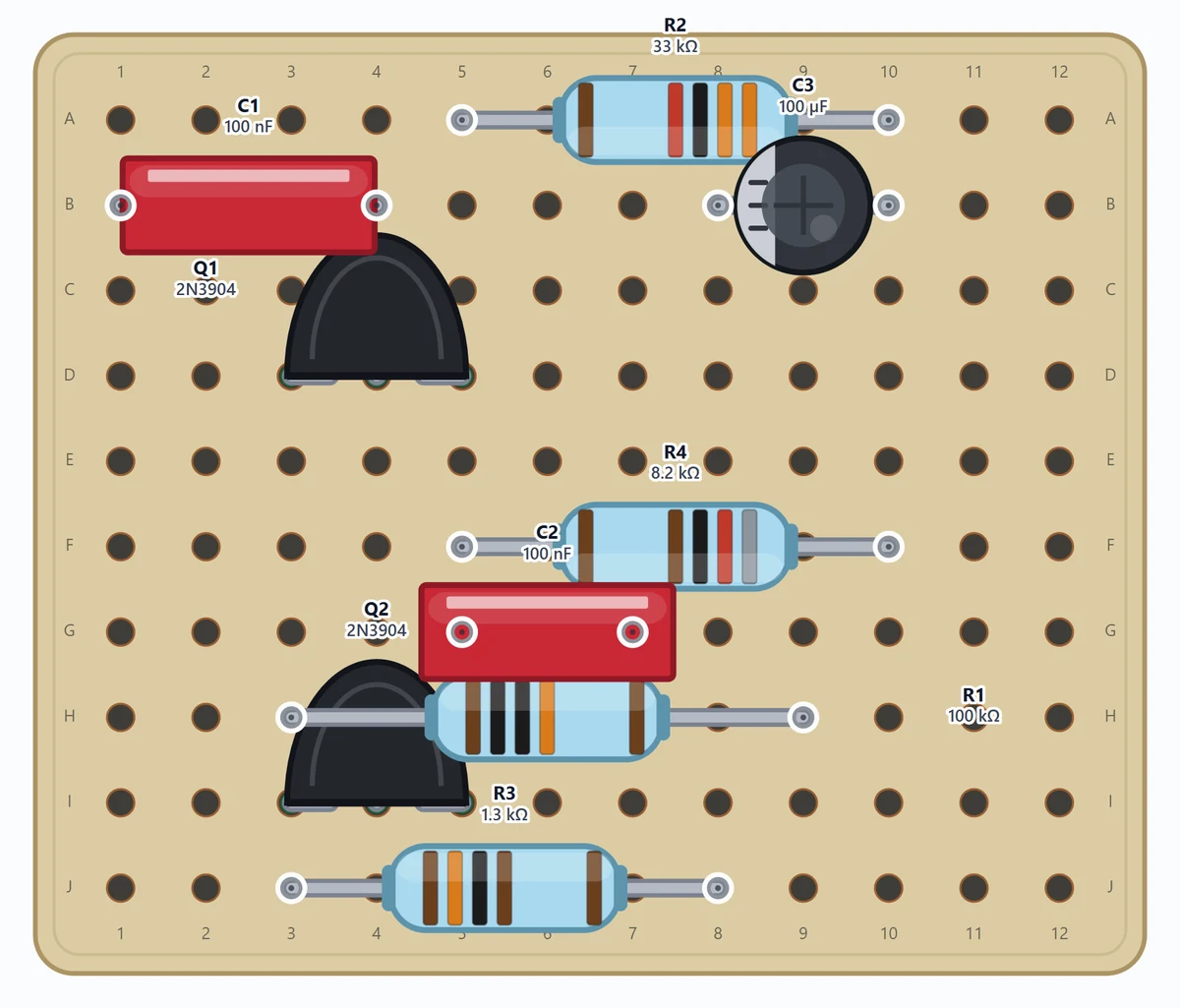 Components (top): board, component bodies, leads and labels; jumper wires and other overlays are hidden.