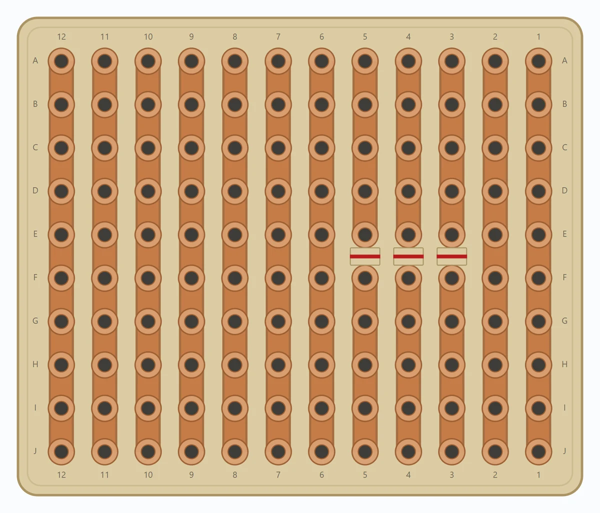 Bottom: the complete copper face and three between-hole cuts at E3–F3, E4–F4 and E5–F5; components, wires and overlays are hidden.
