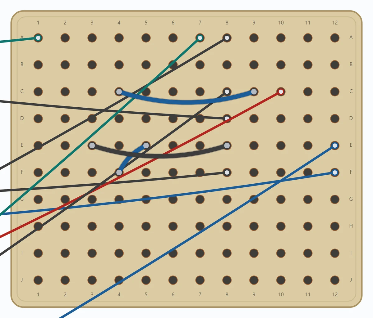 Wires only: the three insulated board links and colored panel leads, with component bodies and overlays hidden.
